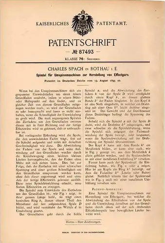 Original Patentschrift - Ch. Spach à Rothau , Elsass , 1895 , Broche pour machine à filer, la filature !!!