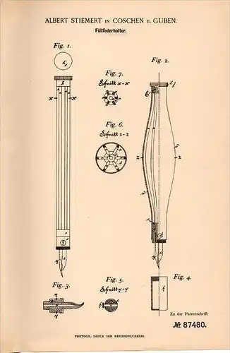 Original Patentschrift - A. Stiemert in Coschen / Neißemünde , 1895 , Federhalter , Füllfederhalter , Faber , Pelikan !
