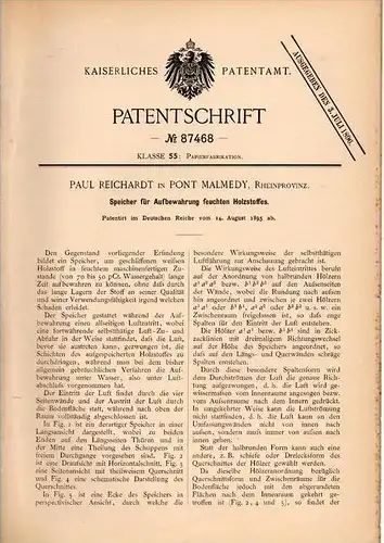 Original Patentschrift - Paul Reichardt in Pont Malmedy , 1895 , Speicher für feuchtes Holz , Sägewerk , Tischlerei !!!