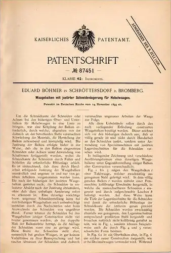 Original Patentschrift - E. Böhmer in Schröttersdorf / Skrzetusko , 1895 , Waage , Hebelwaage , Bromberg / Bydgoszcz !!!