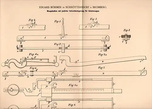 Original Patentschrift - E. Böhmer in Schröttersdorf / Skrzetusko , 1895 , Waage , Hebelwaage , Bromberg / Bydgoszcz !!!