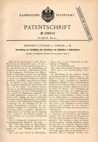 Original Patentschrift - H. Gothan in Goslar a.H. , 1899 , Apparat für Bohrlöcher , Tiefbohrung , Bergbau , Tunnelbau !!