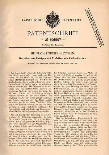 Original Patentschrift - H. Rödiger in Zossen , 1899 , Maschine für Kuchenbleche , Kuchen , Bäckerei , Bäcker !!!
