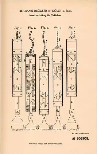 Original Patentschrift - H. Brücker in Cölln b. Meißen , 1898, Apparat für Erd- und Tiefbohrer , Baugrundlabor , Bergbau