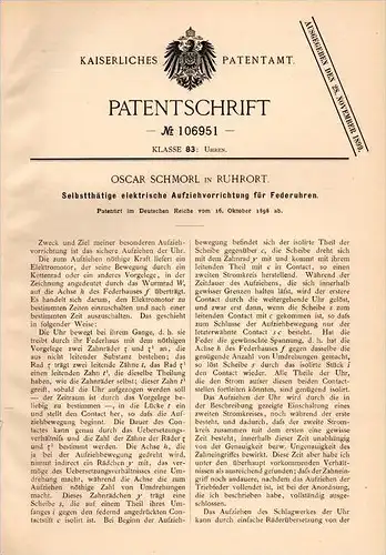 Original Patentschrift - O. Schmorl in Ruhrort b. Duisburg , 1898 , Uhren - Aufziehvorrichtung , Uhr , Uhrmacher !!!