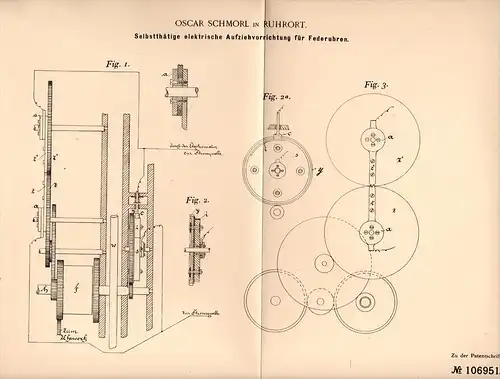 Original Patentschrift - O. Schmorl in Ruhrort b. Duisburg , 1898 , Uhren - Aufziehvorrichtung , Uhr , Uhrmacher !!!