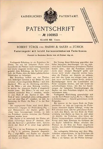Original Patentschrift - R. Türck und Haerri & Saxer in Zürich , 1899 , Federzuguhr , Uhr , Uhren , Uhrmacher !!!