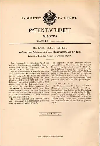 Original Patentschrift - Dr. Curt Foss in Berlin , 1898 , Mineralwasser aus der Quelle , Entnahme , Mineral , Wasser !!!