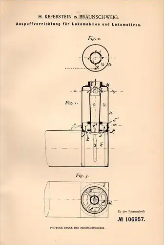Original Patentschrift - H. Keferstein in Braunschweig , 1898 , Auspuff für Lokomobile , Lokomotive , locomobile !!!