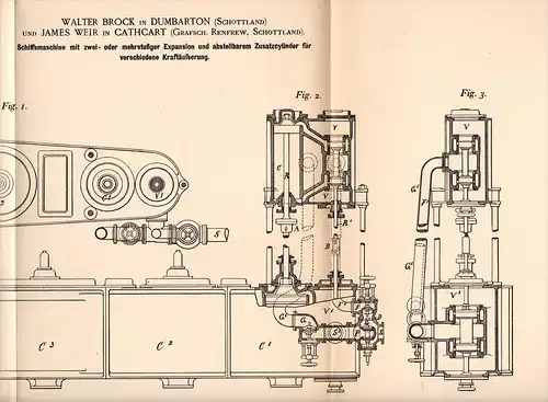 Original Patentschrift - W. Brock and J. Weir in Dumbarton and Cathcart , 1892 , Ship's engine, steam engine, ship  !!!