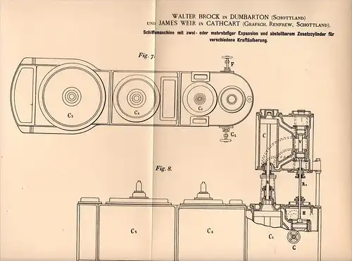 Original Patentschrift - W. Brock and J. Weir in Dumbarton and Cathcart , 1892 , Ship's engine, steam engine, ship  !!!