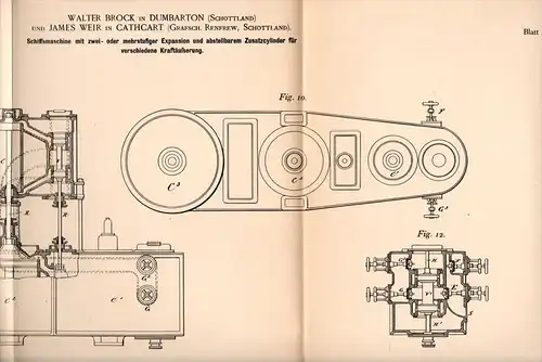 Original Patentschrift - W. Brock and J. Weir in Dumbarton and Cathcart , 1892 , Ship's engine, steam engine, ship  !!!