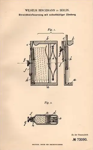 Original Patentschrift - W. Bergemann in Berlin , 1893 , Streichholz - Feuerzeug , Streichhölzer , Zündhölzer !!!