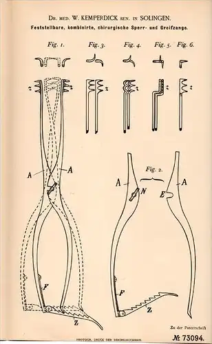 Original Patentschrift - Dr. med. W. Kemperdick in Solingen , 1892 , Zange für Chirurgie , Arzt , Krankenhaus , Klink !!