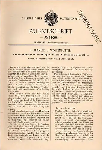 Original Patentschrift - L. Brandes in Wolfenbüttel , 1893 , Trockenapparat für Rüben , Landwirtschaft , Agrar !!!