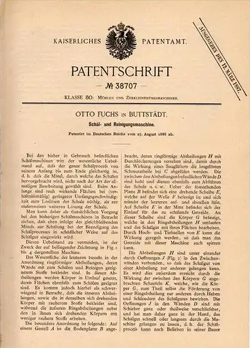 Original Patentschrift - Otto Fuchs in Buttstädt b. Sömmerda , 1886 , Schäl- und Reinigungsmaschine , Mühle !!!