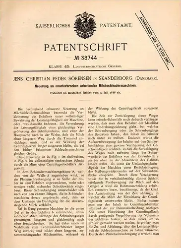 Original Patentschrift - Sörensen in Skanderborg , 1886, Milch - Schleudermaschine , Agrar , Landwirtschaft , Molkerei !