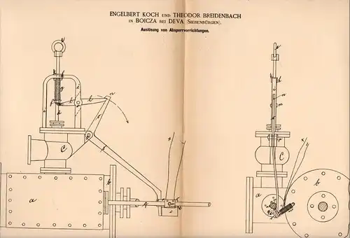 Original Patentschrift -E. Koch und T. Breidenbach in Boicza b. Deva ,1886, Dampfmaschine - Sperrapparat , Siebenbürgen