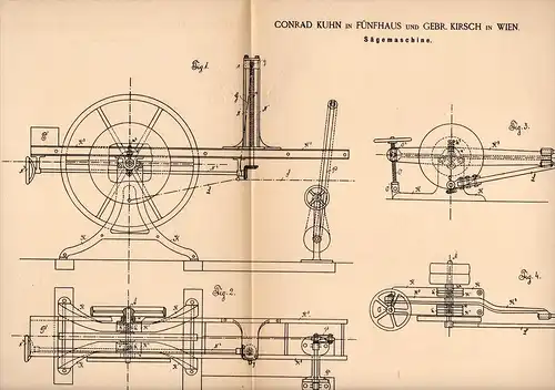 Original Patentschrift - C. Kuhn und G. Kirsch in Fünfhaus b. Wien , 1886 , Sägemaschine , Sägewerk , Schreinerei , Holz