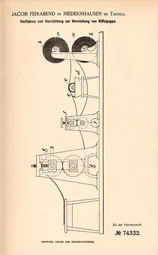 Original Patentschrift - J. Feirabend in Niedernhausen i. Taunus , 1893 , Herstellung von Riffelpappe , Pappier !!!