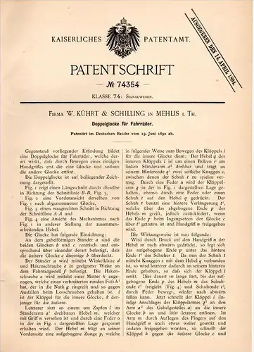 Original Patentschrift - Kührt & Schilling in Mehlis i. Th., 1892 , Doppelglocke für Fahrräder , Fahrrad , Zella !!!