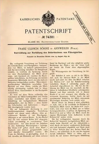 Original Patentschrift - F. Ullrich in Annweiler i. Pfalz , 1893 , Apparat gegen Überkochen , Milch , Küche !!!