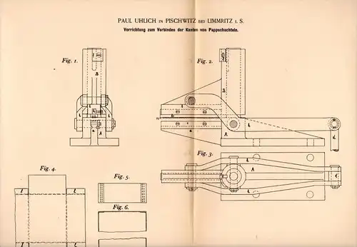 Original Patentschrift - P. Uhlich in Pischwitz b. Ziegra , 1893 , Apparat für Pappschachteln , Waldheim , Döbeln !!!