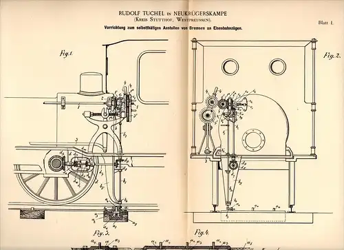 Original Patentschrift - R. Tuchel in Neukrügerskampe b. Stutthof , 1892 , Apparat für Eisenbahn - Bremse , Sztutowo !!!