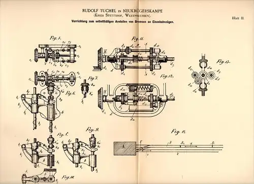 Original Patentschrift - R. Tuchel in Neukrügerskampe b. Stutthof , 1892 , Apparat für Eisenbahn - Bremse , Sztutowo !!!