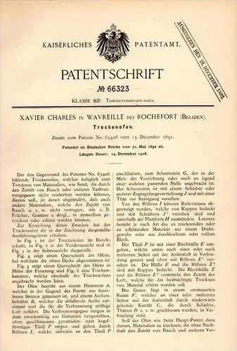 Original Patentschrift - X. Charles in Wavreille b. Rochefort , 1892 , Trockenofen , Ofen , Trocknung !!!