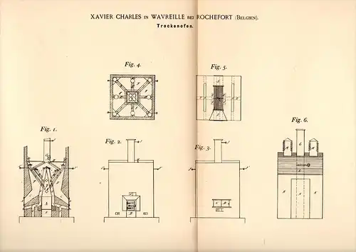 Original Patentschrift - X. Charles in Wavreille b. Rochefort , 1892 , Trockenofen , Ofen , Trocknung !!!