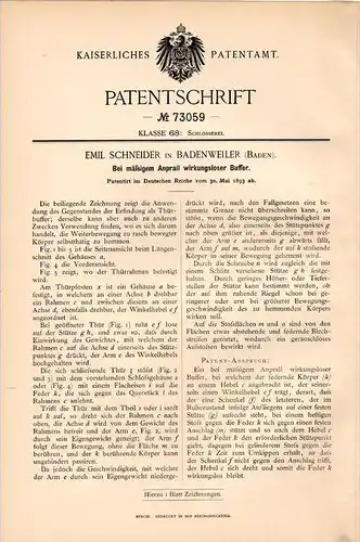 Original Patentschrift - E. Schneider in Badenweiler , 1893 , Buffer für Türen , Tür , Türenbau !!!