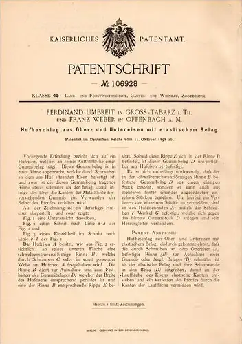 Original Patentschrift - F. Umbreit in Groß Tabarz i.Th., 1898 , Hufbeschlag , Hufeisen , Schmied , Pferde !!!
