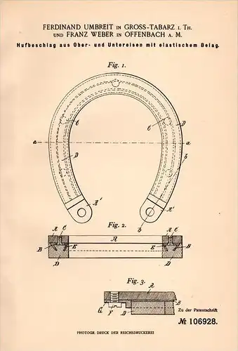 Original Patentschrift - F. Umbreit in Groß Tabarz i.Th., 1898 , Hufbeschlag , Hufeisen , Schmied , Pferde !!!