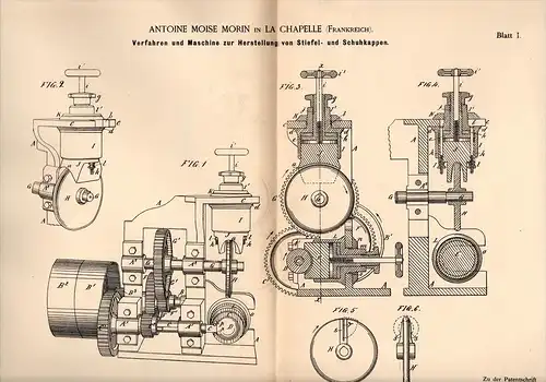 Original Patentschrift - A. Moise Morin à La Chapelle , 1884 , Machine à produire des embouts et des bottes !!!