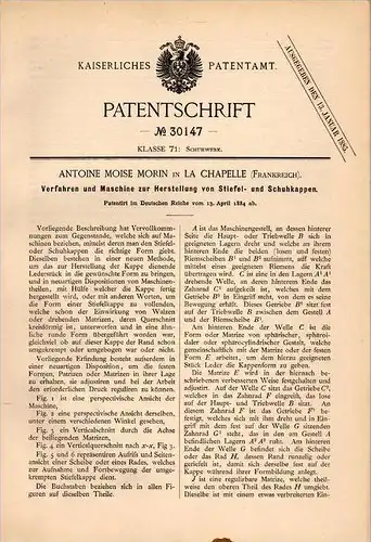 Original Patentschrift - A. Moise Morin à La Chapelle , 1884 , Machine à produire des embouts et des bottes !!!