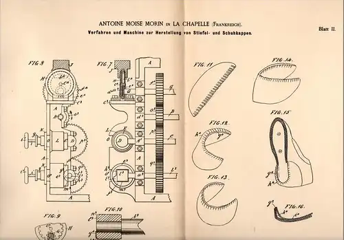 Original Patentschrift - A. Moise Morin à La Chapelle , 1884 , Machine à produire des embouts et des bottes !!!