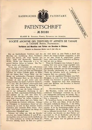 Original Patentschrift - Société des Teintures et Appréts à Tarare , 1884 , Une machine pour la teinture de tissu !!!