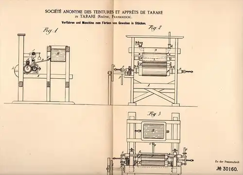 Original Patentschrift - Société des Teintures et Appréts à Tarare , 1884 , Une machine pour la teinture de tissu !!!