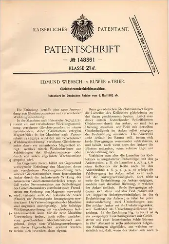 Original Patentschrift - E. Wiersch in Ruwer b. Trier , 1902 , Gleichstrom - Drehfeldmaschine , Elektrik , Elektriker !!
