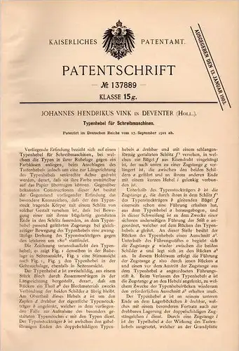 Original Patentschrift - J.H. Vink in Deventer , 1901 , Typenhebel für Schreibmaschine !!!