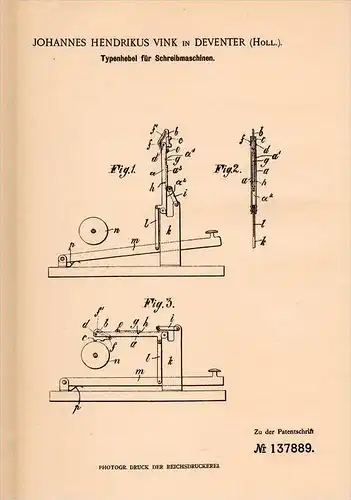 Original Patentschrift - J.H. Vink in Deventer , 1901 , Typenhebel für Schreibmaschine !!!