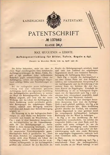 Original Patentschrift - Max Huguenin in Lehrte , 1902 , Aufhängung für Bilder , Tafeln und Regale , Tafel , Schule !!!