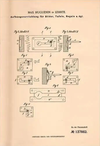 Original Patentschrift - Max Huguenin in Lehrte , 1902 , Aufhängung für Bilder , Tafeln und Regale , Tafel , Schule !!!