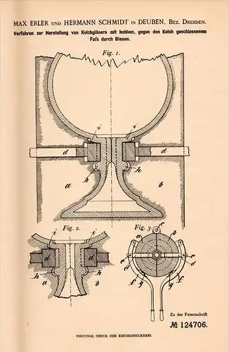 Original Patentschrift - Max Erler in Deuben b. Dresden , 1900 , Kelchglas - Herstellung , Glas , Kelch , Glasmacher !!!