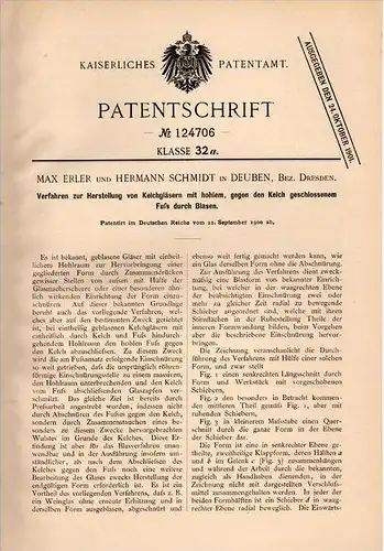 Original Patentschrift - Max Erler in Deuben b. Dresden , 1900 , Kelchglas - Herstellung , Glas , Kelch , Glasmacher !!!