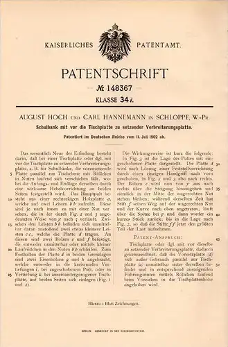 Original Patentschrift - A. Hoch und C. Hannemann in Schloppe / Cz&#322;opa , 1902 , Schulbank mit Platte , Schule , Kin