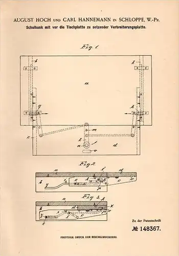 Original Patentschrift - A. Hoch und C. Hannemann in Schloppe / Cz&#322;opa , 1902 , Schulbank mit Platte , Schule , Kin