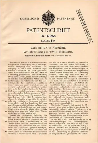 Original Patentschrift - Karl Reitzig in Neumühl , 1902 , Belüftung von Gruben , Ventilatoren , Bergbau , Lüftung !!!