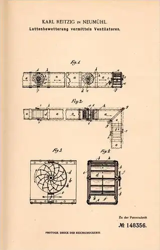 Original Patentschrift - Karl Reitzig in Neumühl , 1902 , Belüftung von Gruben , Ventilatoren , Bergbau , Lüftung !!!